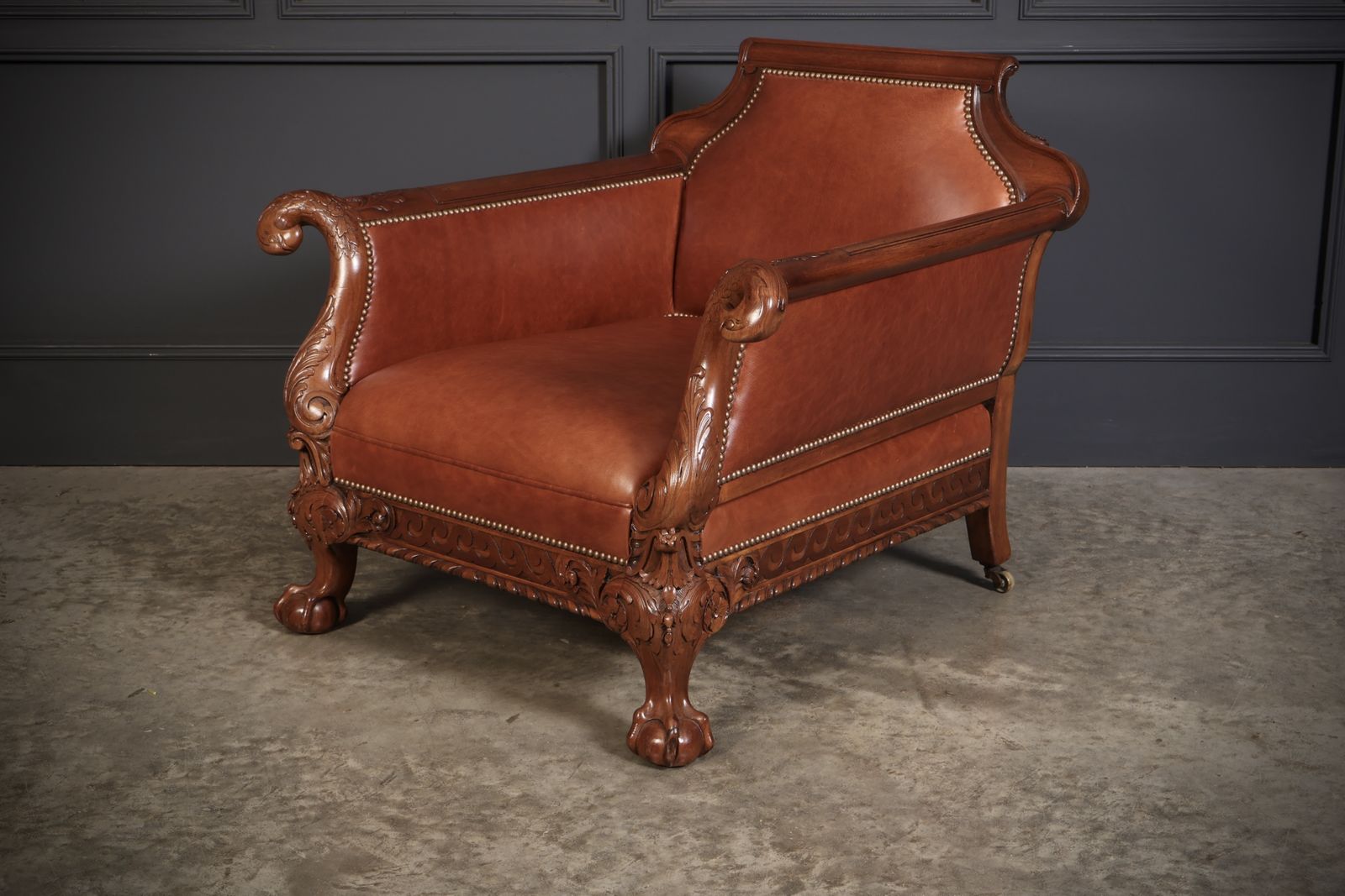 photo for sale Pair Of Carved Mahogany & Leather Library Armchairs