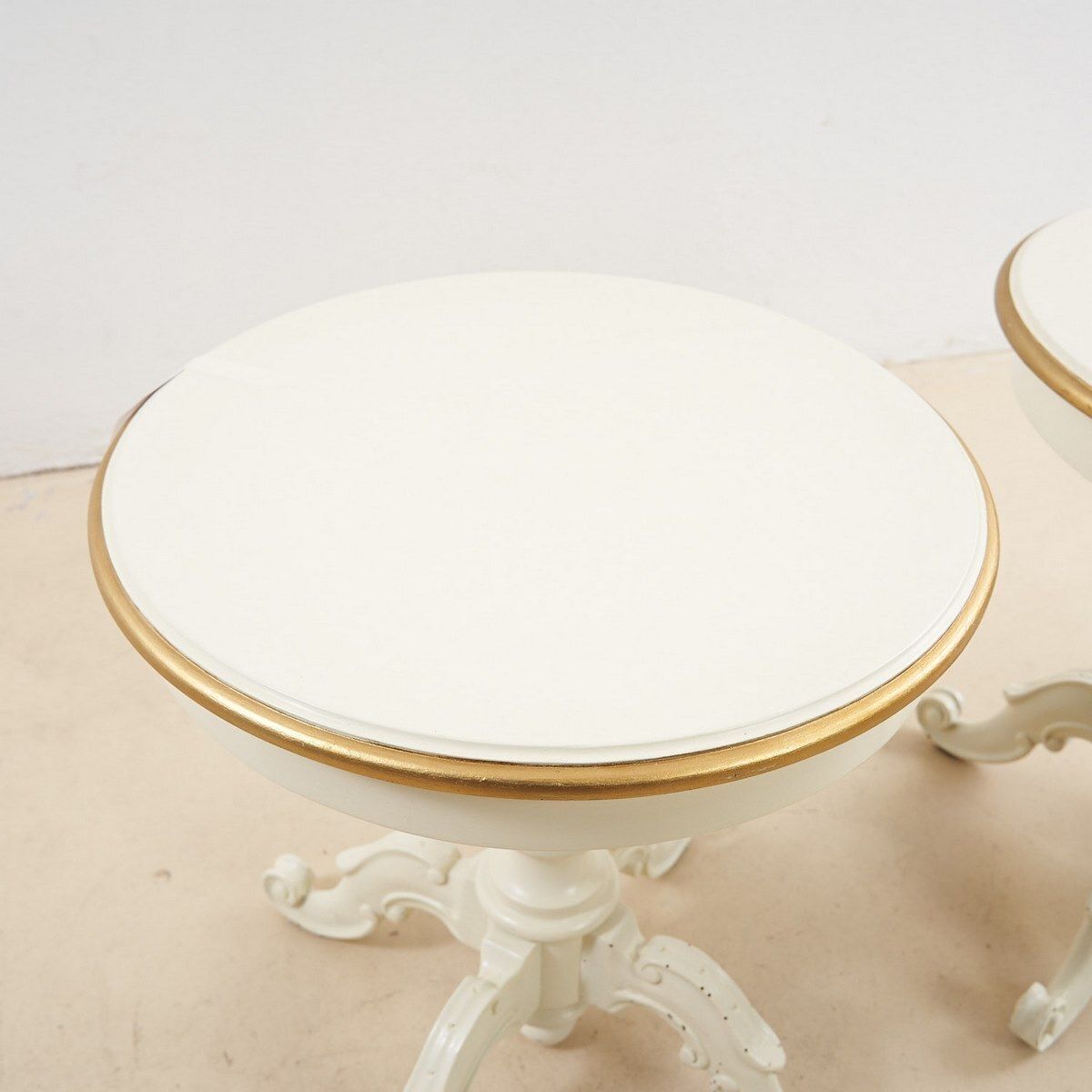 Pair Of White Lacquered Wooden Tables With Gold Details photo furniture