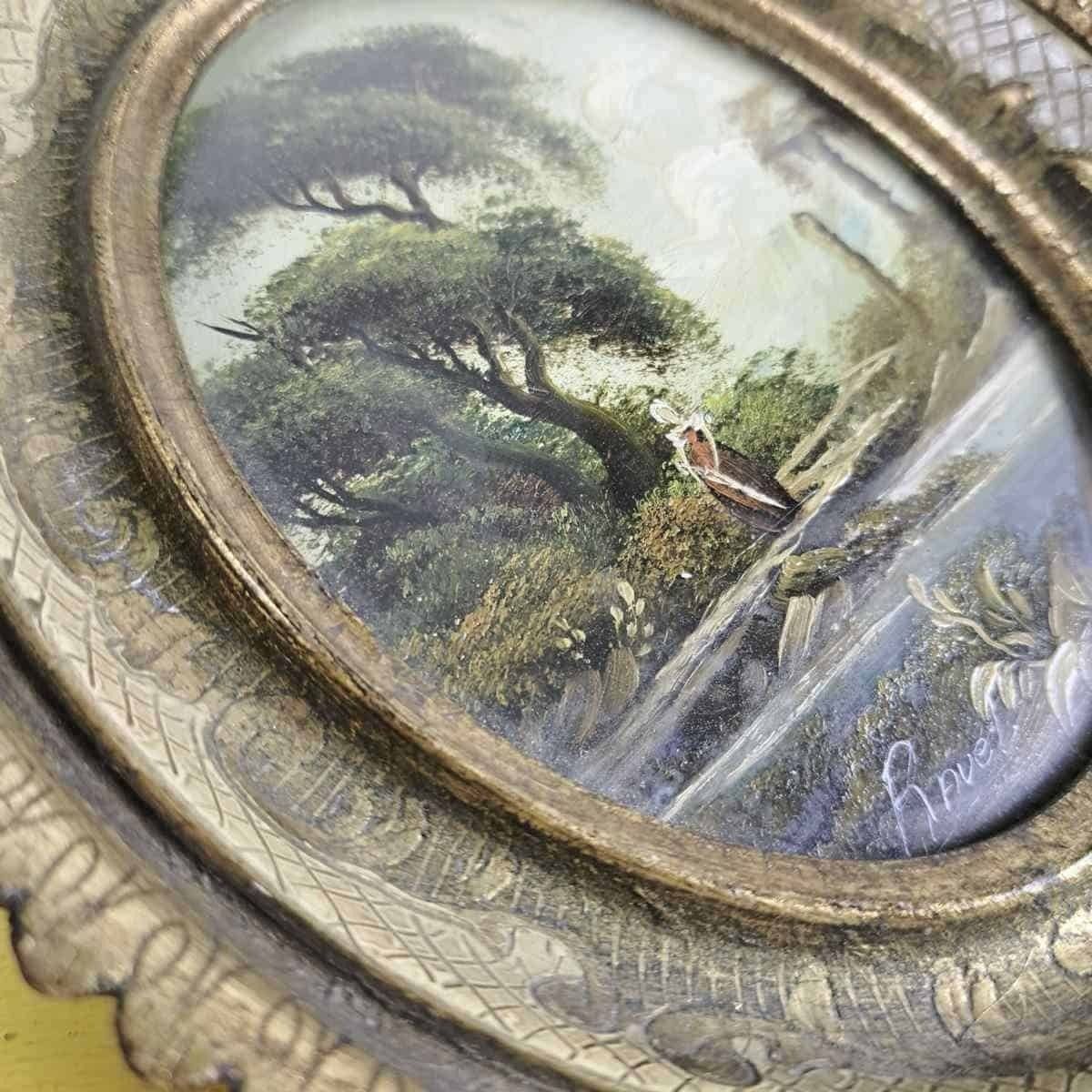 Pair Of Vintage Paintings With Oval Wooden Frame photo vinterior