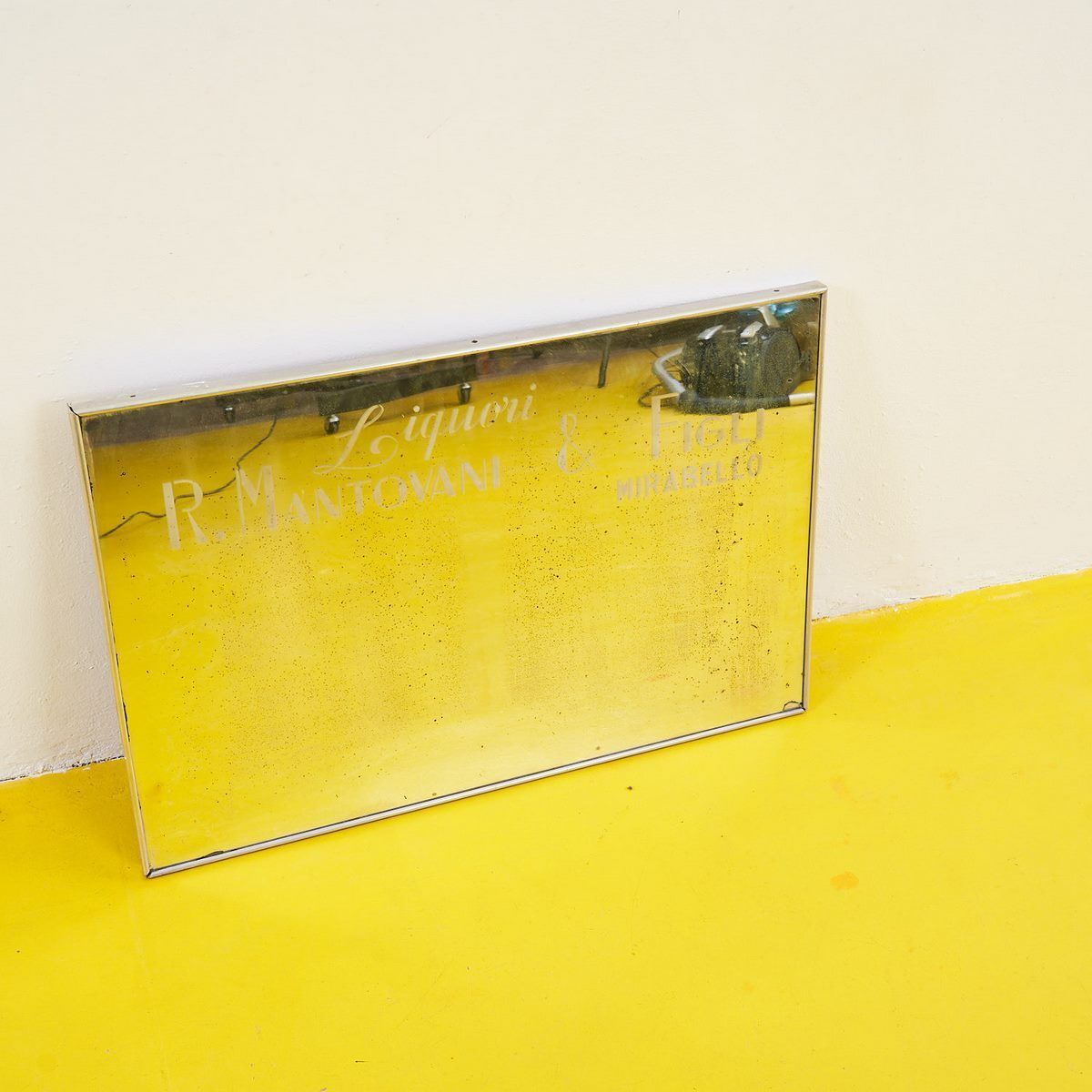 Silkscreened Mirror Liquors R.Mantovani And Sons Mirabello Ferrara, Aluminum Frame photo furniture