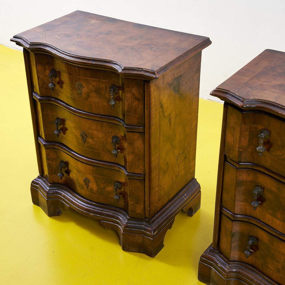Pair Of Vecchia Cerea Bedside Tables, Early 1900s, In Walnut Wood, Slabed And Threaded, With Three Mossi Drawers photo 1901.0