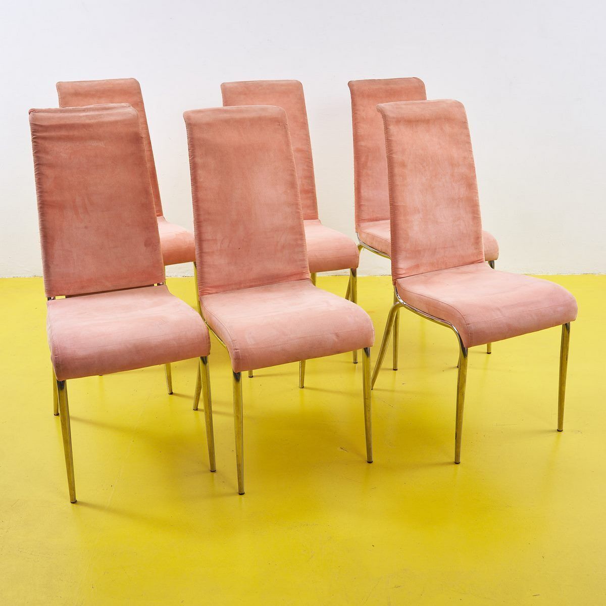 70's Chairs In Metal And Pink Fabric, 6 Pieces
