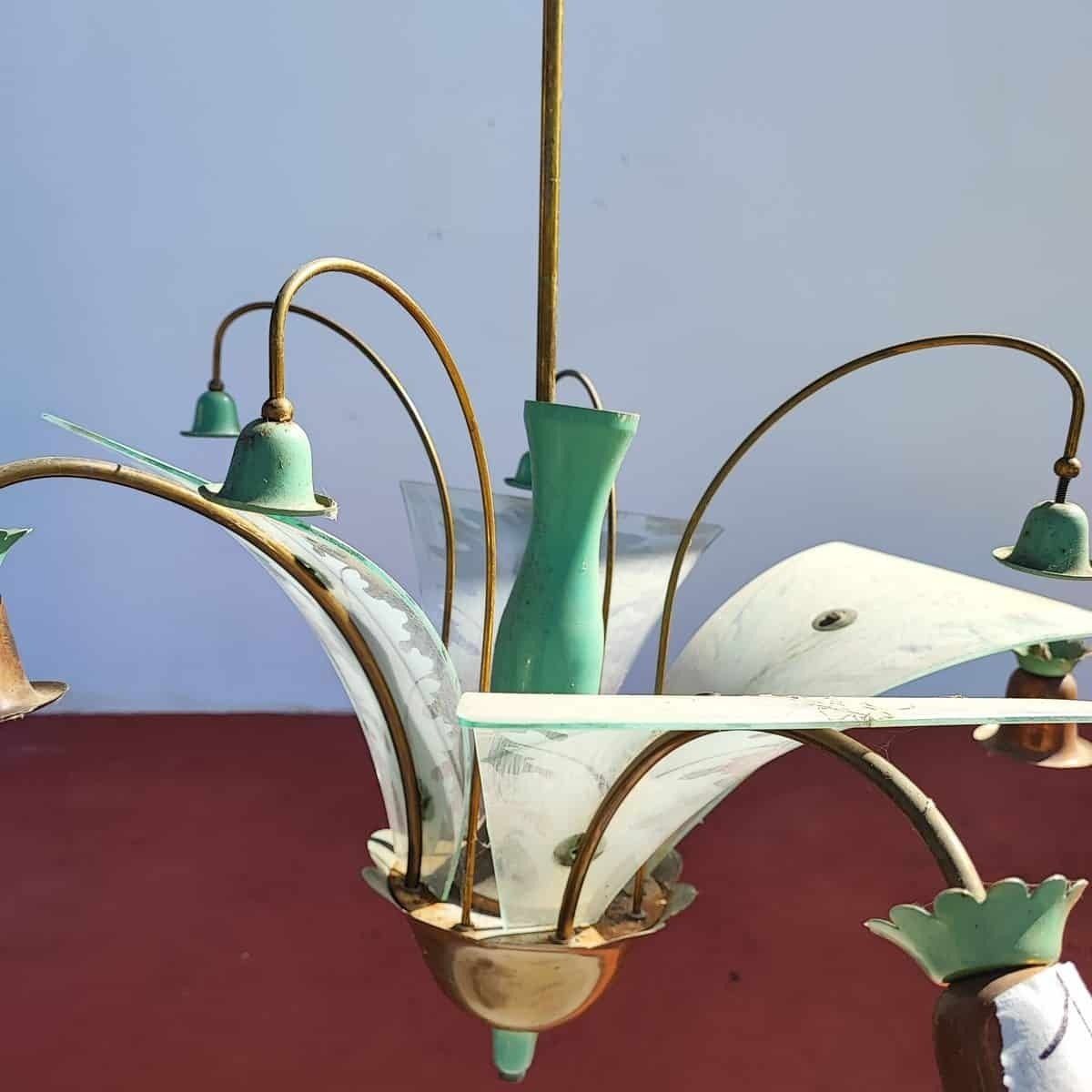 photo furniture Elegant Chandelier From The 30s/40s In Metal And Silkscreened Glass