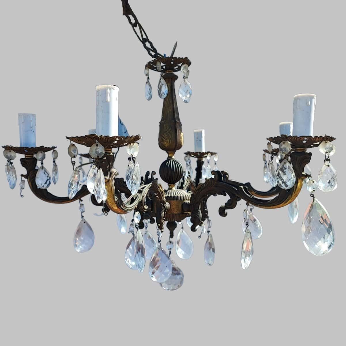 Vintage Six Arm Chandelier With Glass Drops
