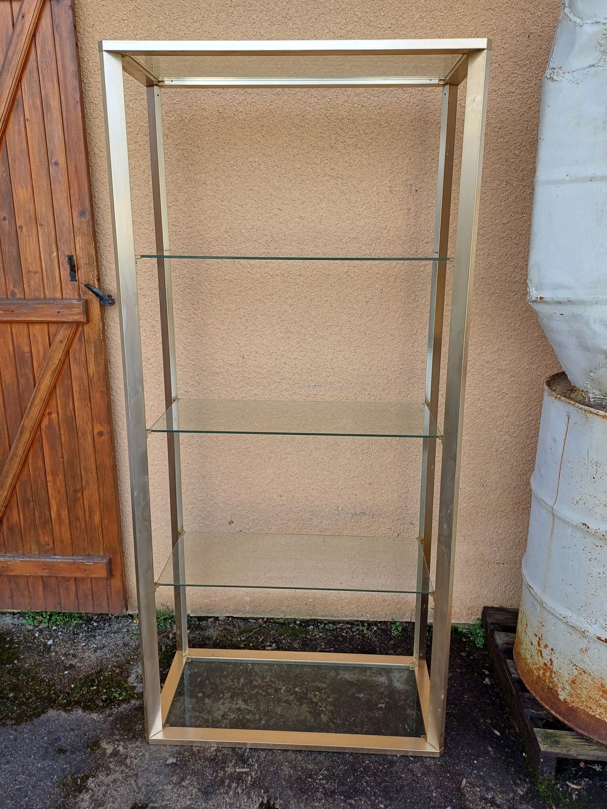 Vintage Shelving Unit In Gold Aluminum And Glass photo furniture