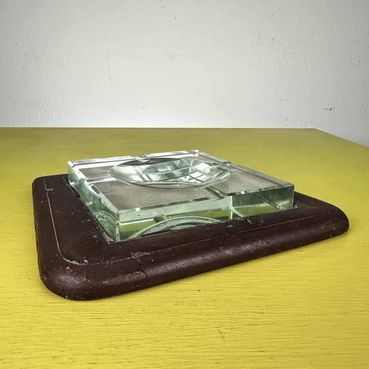 Vintage Glass Ashtray With Wooden Base Covered In Leather, Attributed To Fontana Arte photo furniture