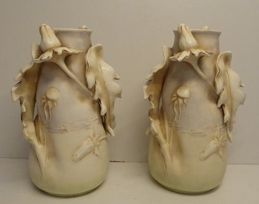 Art Nouveau Porcelain Thistles Vases Attributed To Amphora / Riessner, Stellmacher, & Kessel, 1890s, Set Of 2