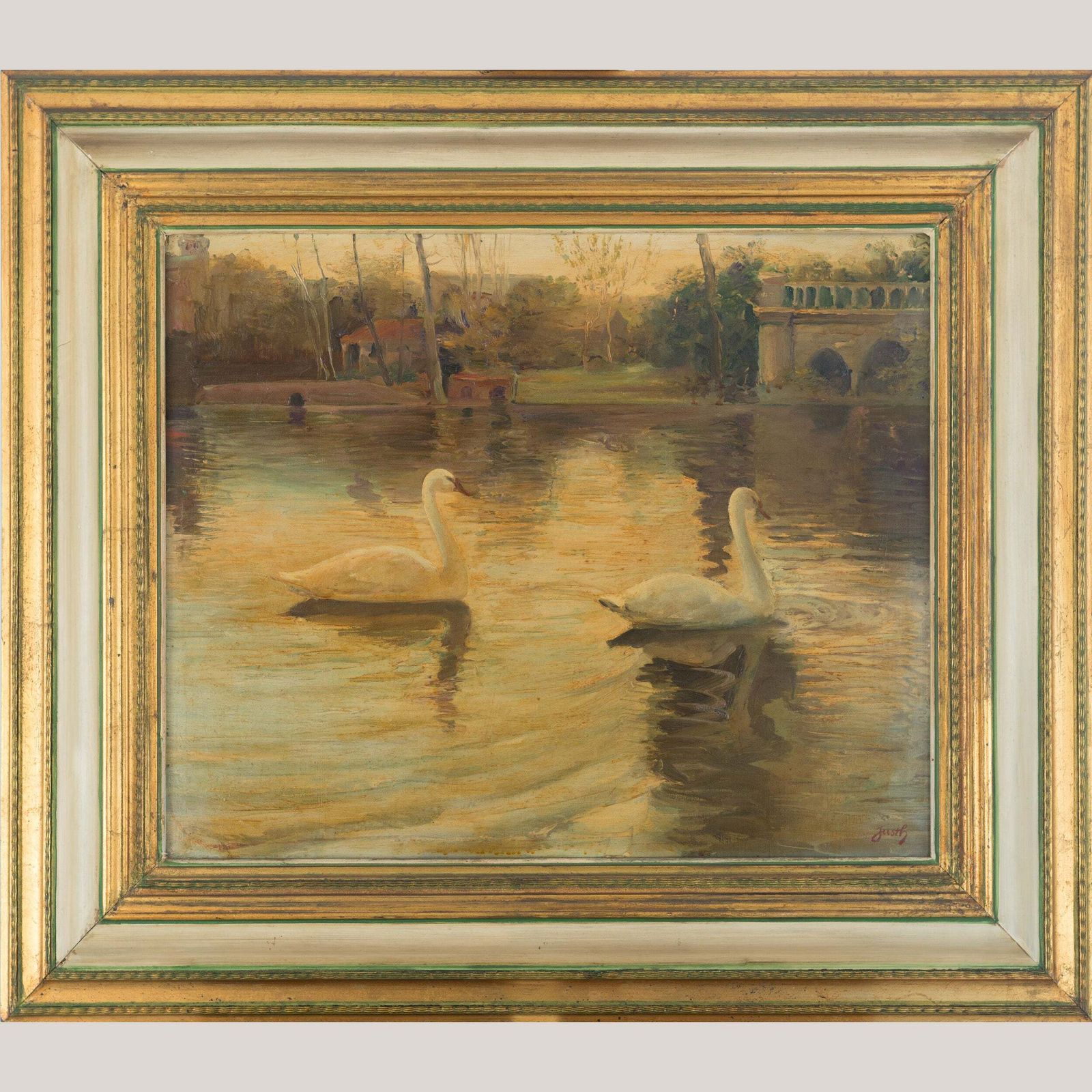 Zwanen Op Een Meer   Andrés Justh   Ingelijst Olieverf Op Doek photo furniture