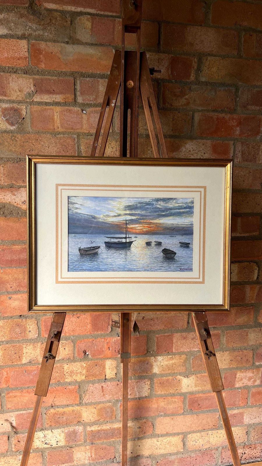 1983 Signed Watercolour Coastal Sunset Featuring Boats By R. L. Martin photo furniture