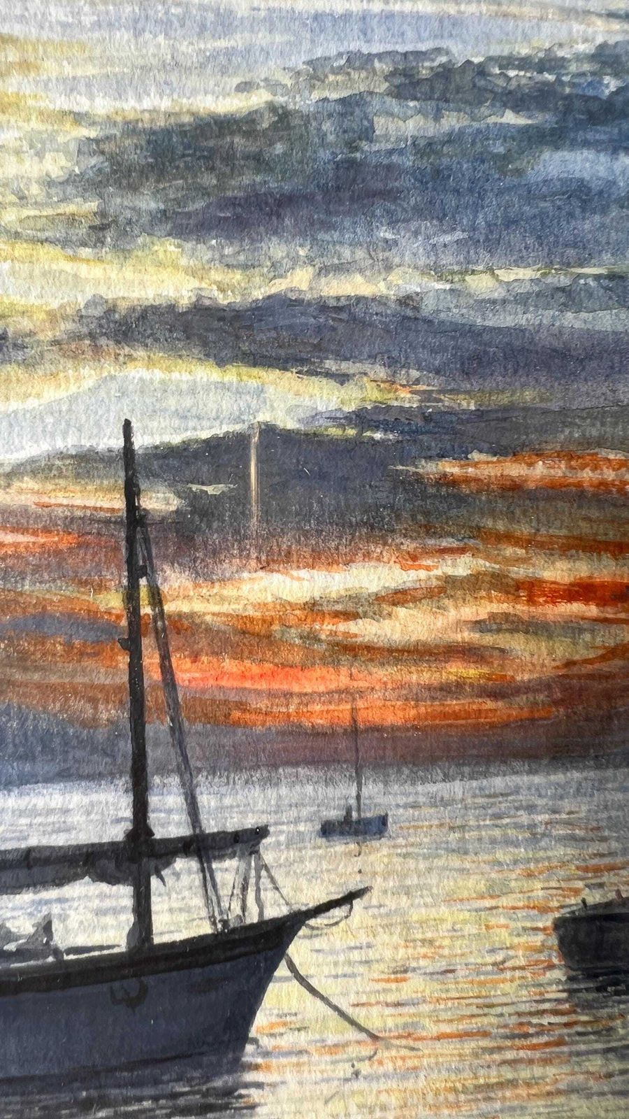 1983 Signed Watercolour Coastal Sunset Featuring Boats By R. L. Martin photo 155.0