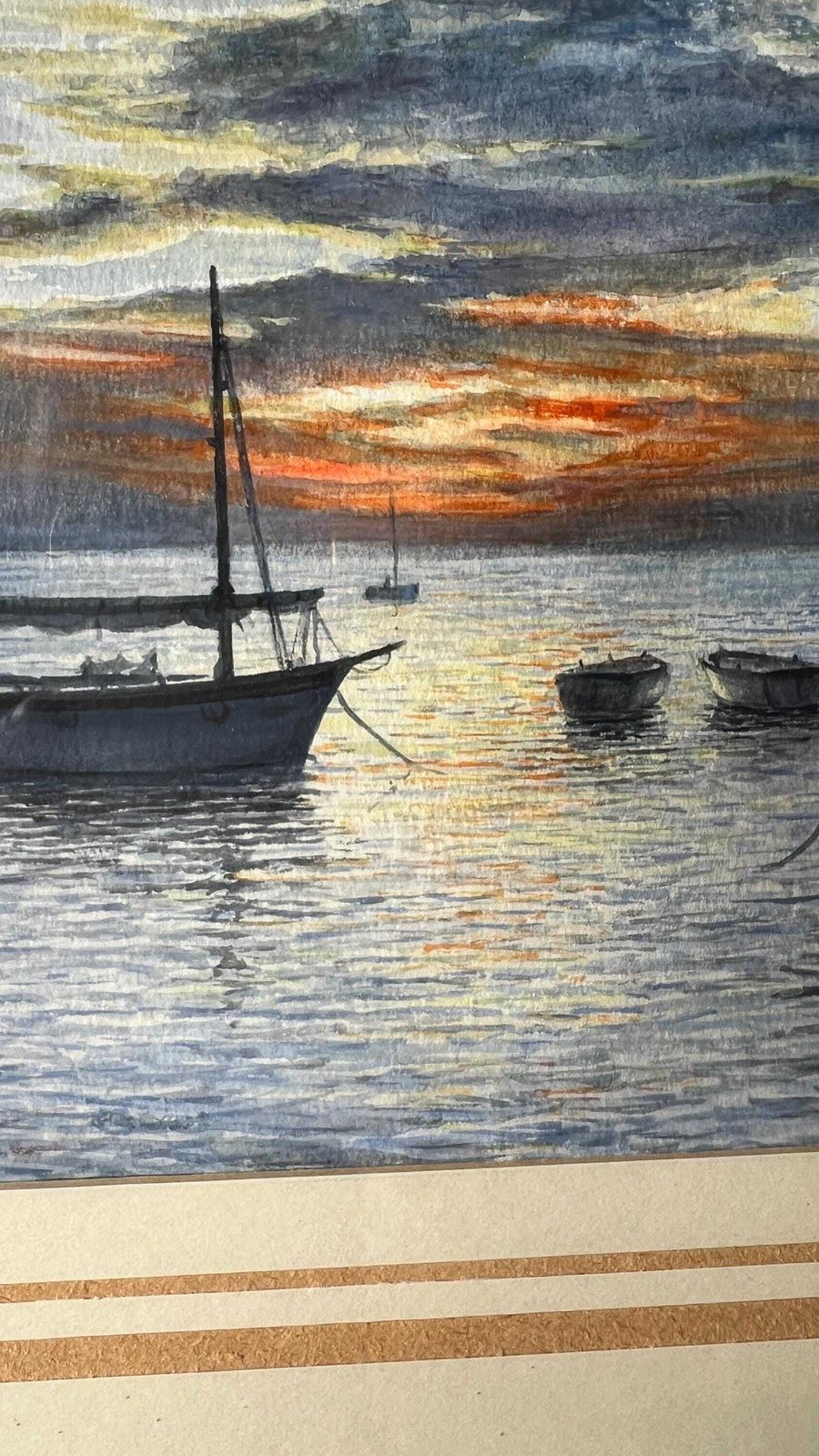 1983 Signed Watercolour Coastal Sunset Featuring Boats By R. L. Martin photo vintage