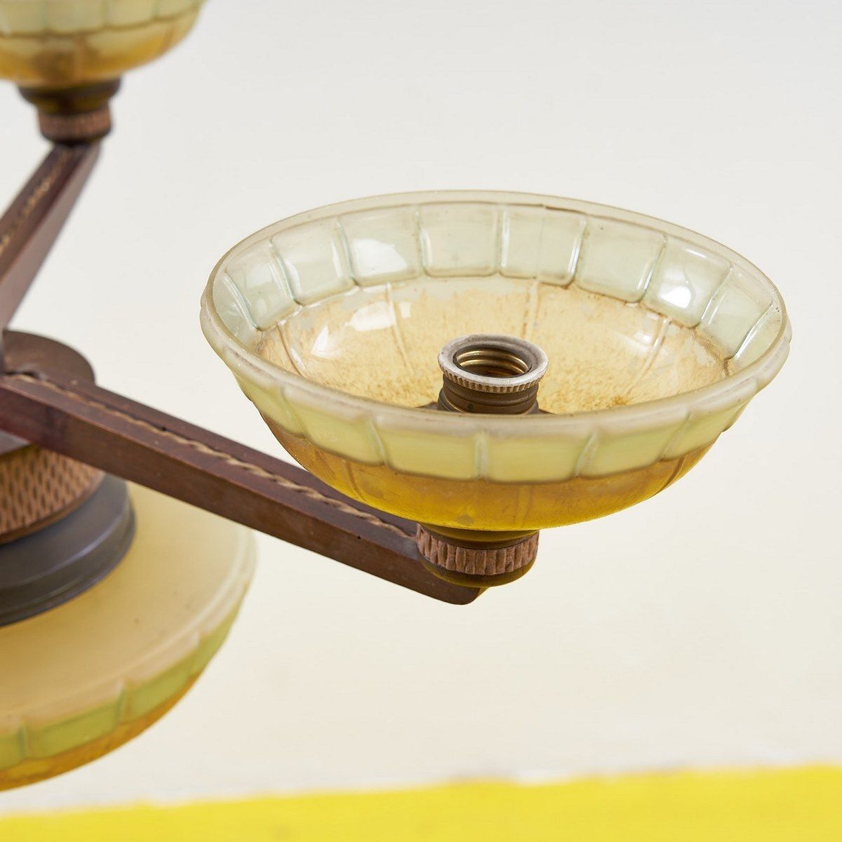 1940s Three Armed Wooden And Glass Chandelier photo for sale