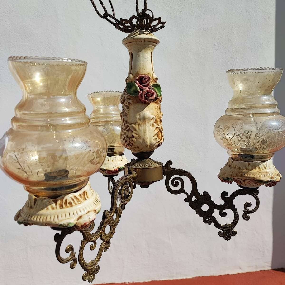Lighting Vintage Ceramic Glass And Metal Chandelier photo