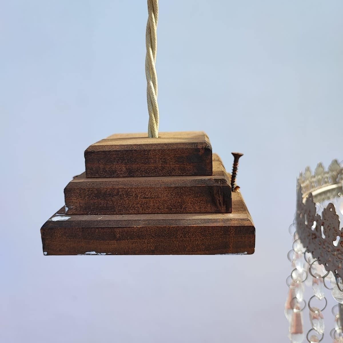 photo for sale Pair Of Vintage Metal Chandeliers With Glass Drops