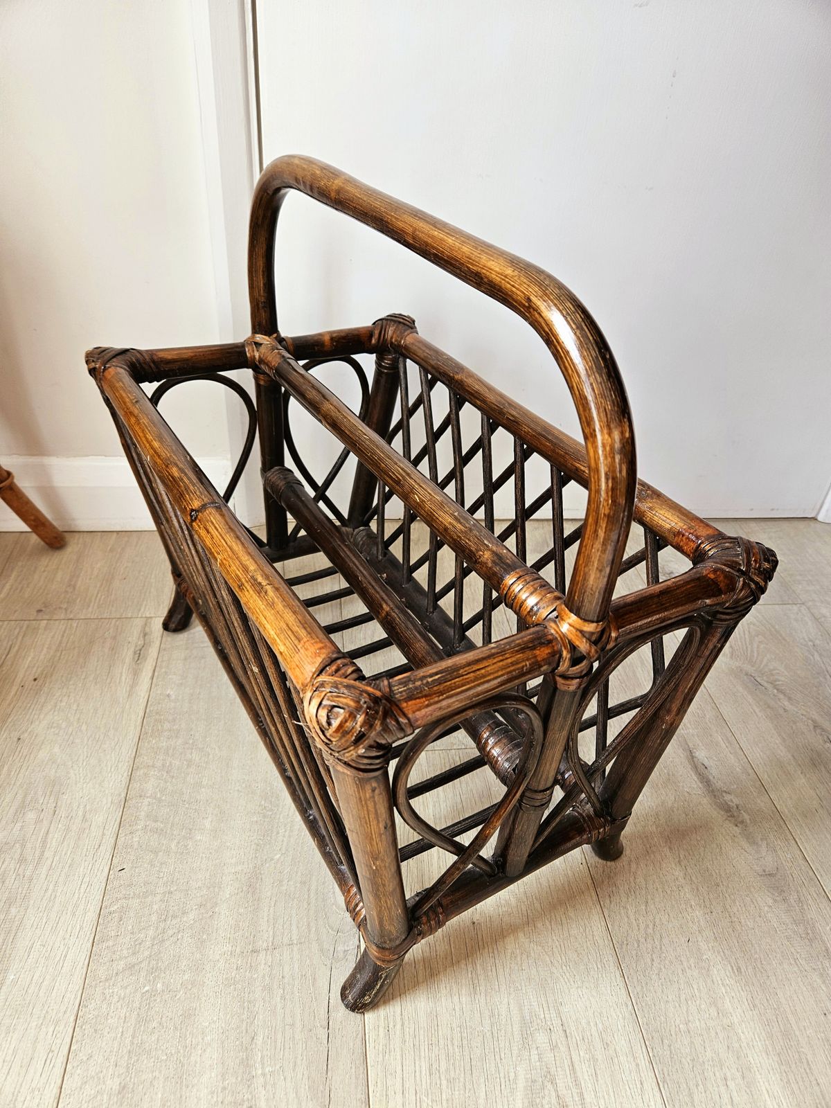 Large, Mid Century Magazine Rack In Dark Varnished Bamboo