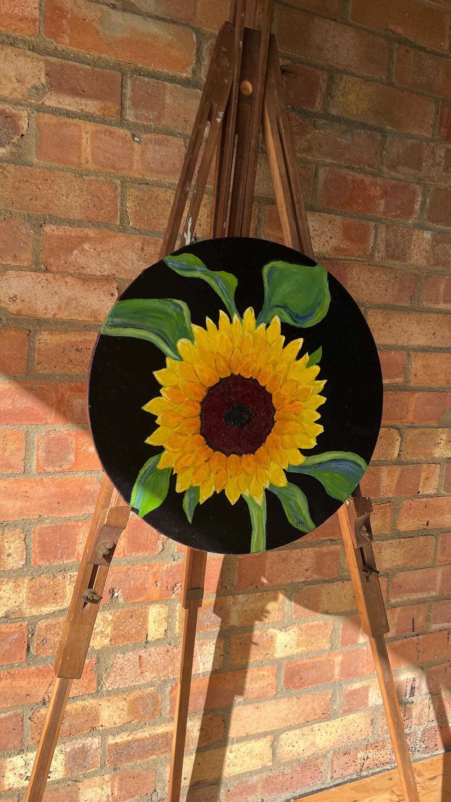 Contemporary Sunflower Painting On Round Canvas By Margaret Mcandrew