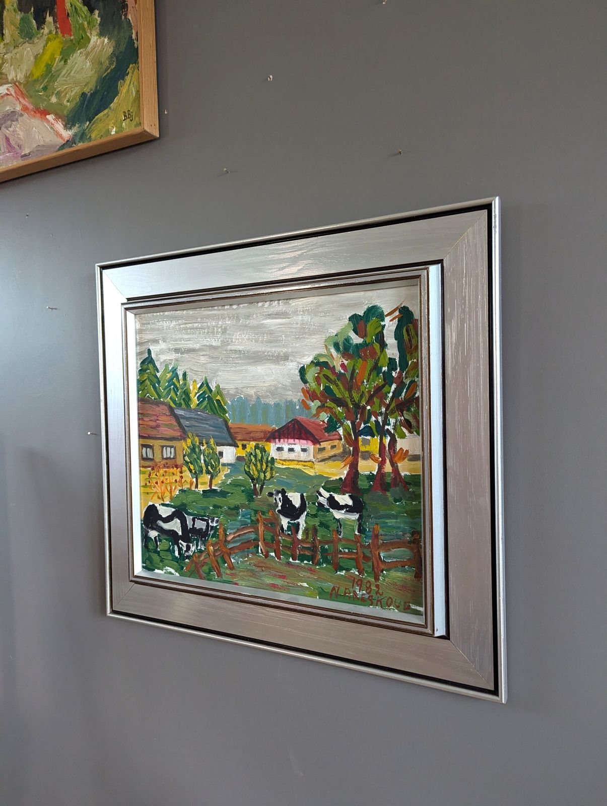 Grazing Cows Oil Painting, 1980s photo for sale