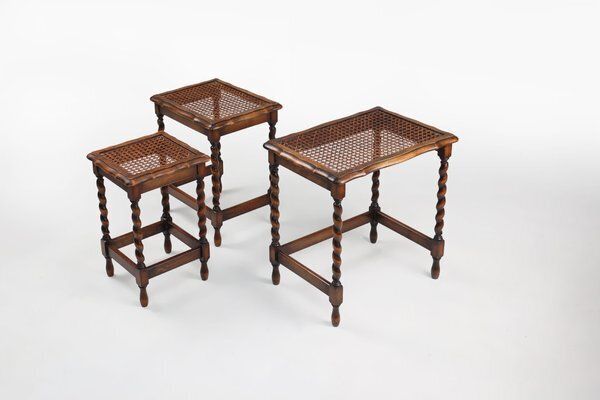 20th Century Oak And Rattan Nesting Tables, Set Of 3 photo Furniture