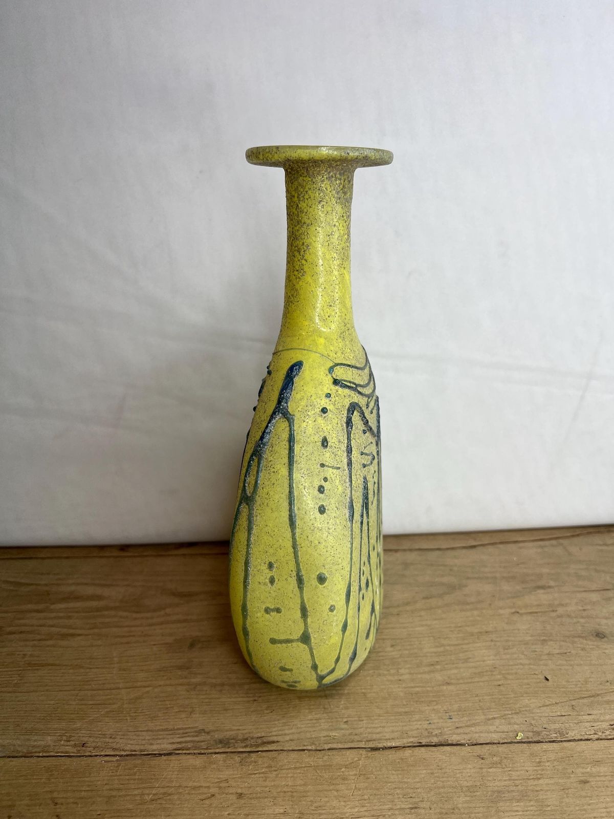 Vintage Murano Scavo Chunky Yellow Art Glass Vase Textured Sand Feel To It With Grey Trailed Design photo 185.0