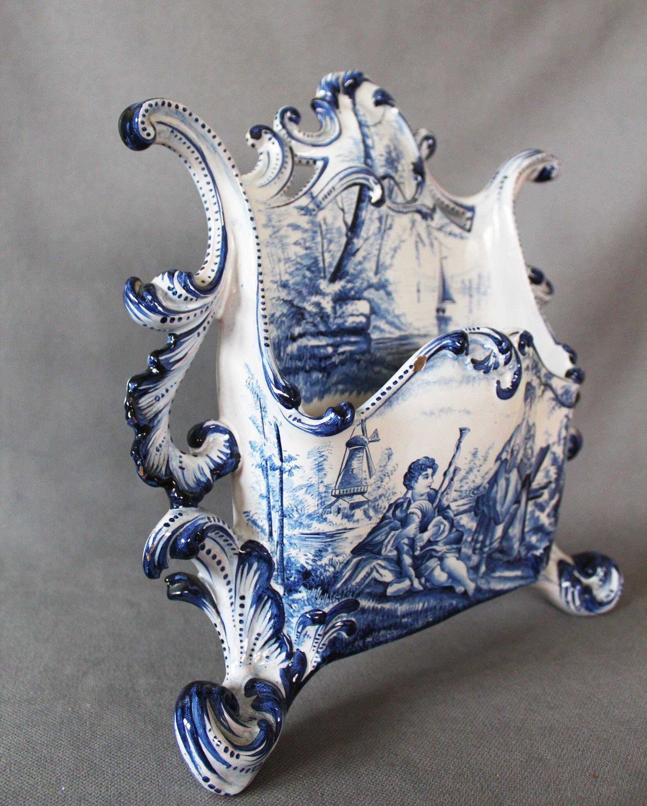 Large 19th Century Delft Ceramic Enamel Letter Holder, Blue And White, Hand Painted, Signed, Bagpipe Musician Windmill Country Landscape photo furniture