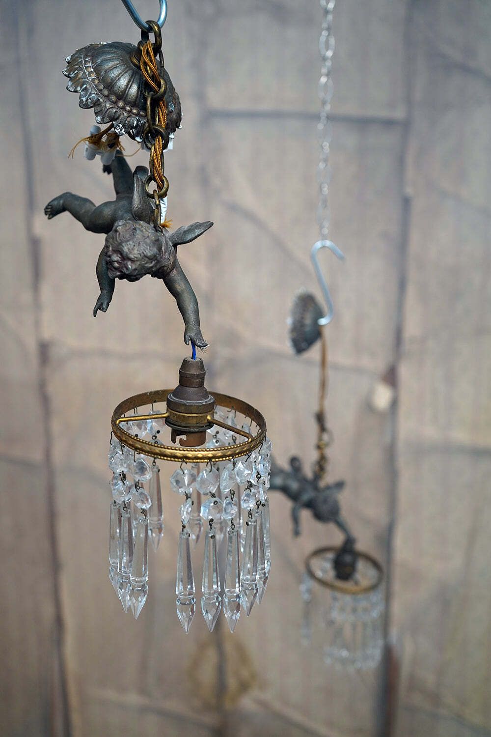 An Early 20thc Pair Of Spelter And Prism Glass Hanging Putti Pendants C.1900 10 photo 895.0