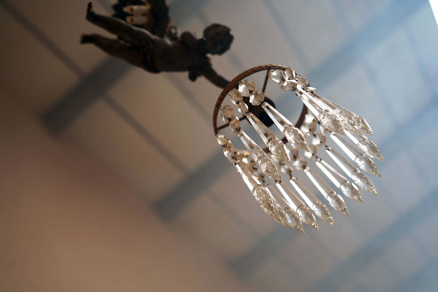 photo for sale An Early 20thc Pair Of Spelter And Prism Glass Hanging Putti Pendants C.1900 10