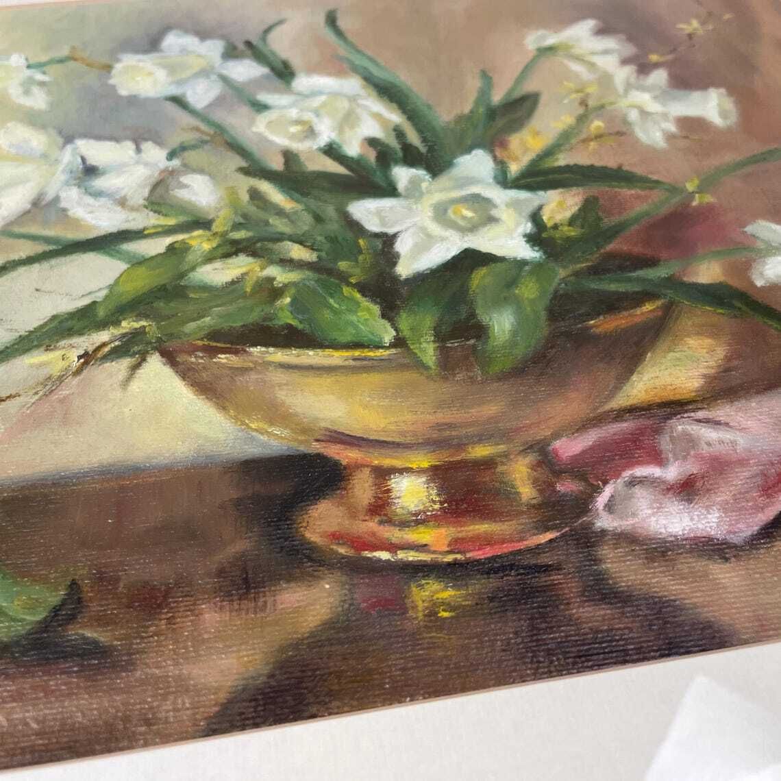 Antique Framed Floral Oil Painting Picture Vintage Flowers Wood Frame Painted Art Original Oils Oil Rectangle Landscape Spring Daffodils photo Art