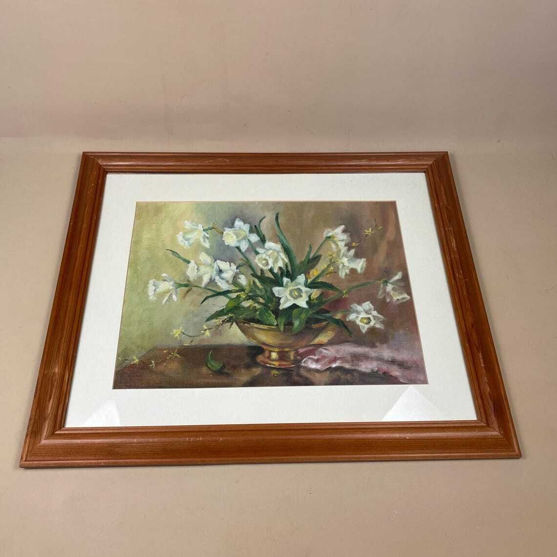 Antique Framed Floral Oil Painting Picture Vintage Flowers Wood Frame Painted Art Original Oils Oil Rectangle Landscape Spring Daffodils photo buy