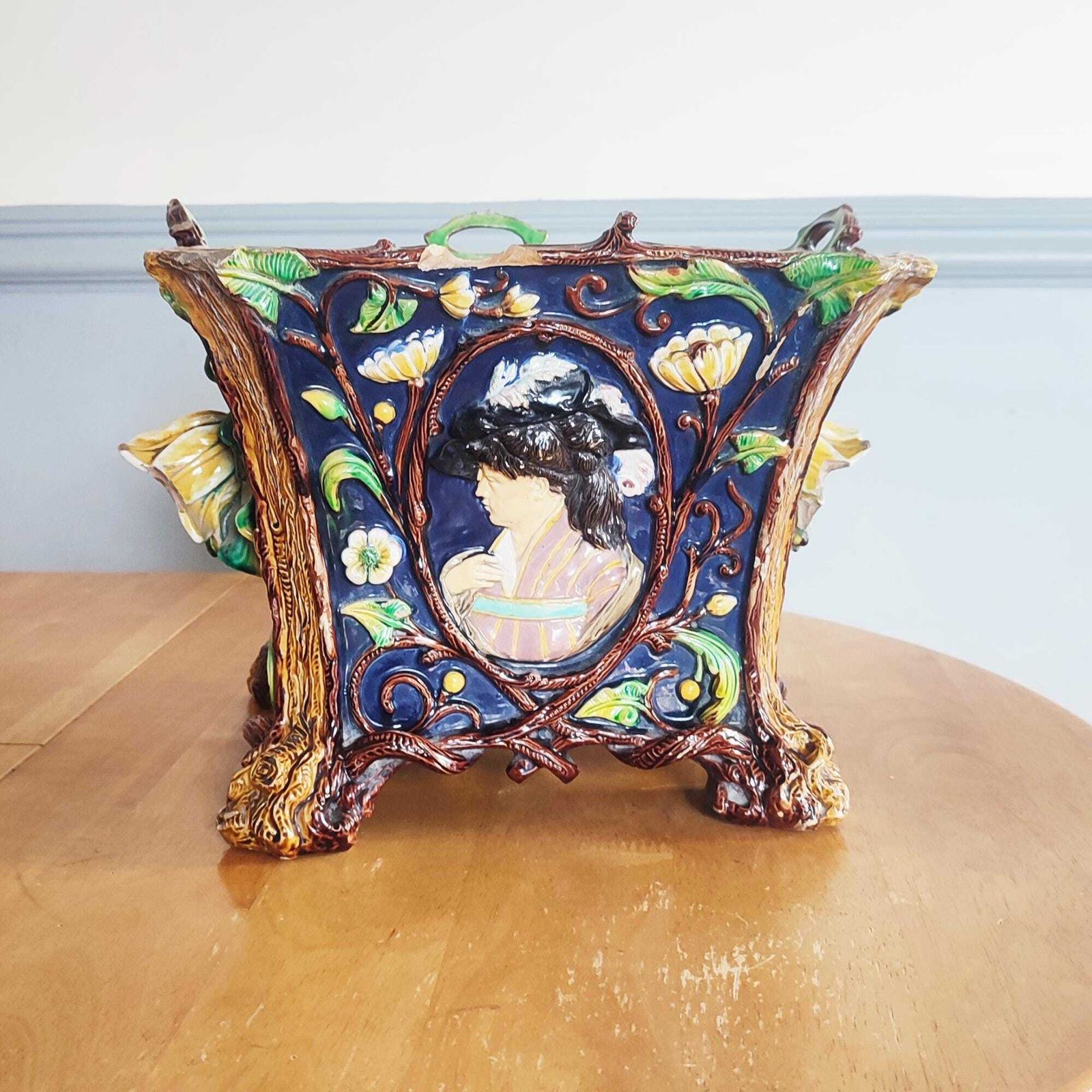 Large Antique 19th C Polychrome Majolica Planter By Wilhelm Schiller & Sons #261 Floral Bohemia Pottery Cobalt Blue Maiden / Gentleman Motif photo furniture
