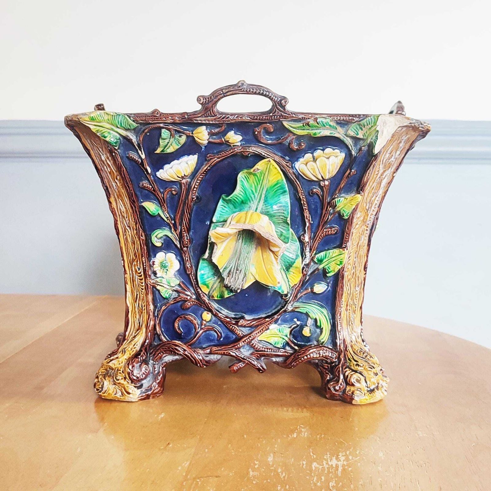 Large Antique 19th C Polychrome Majolica Planter By Wilhelm Schiller & Sons #261 Floral Bohemia Pottery Cobalt Blue Maiden / Gentleman Motif photo Home Decor