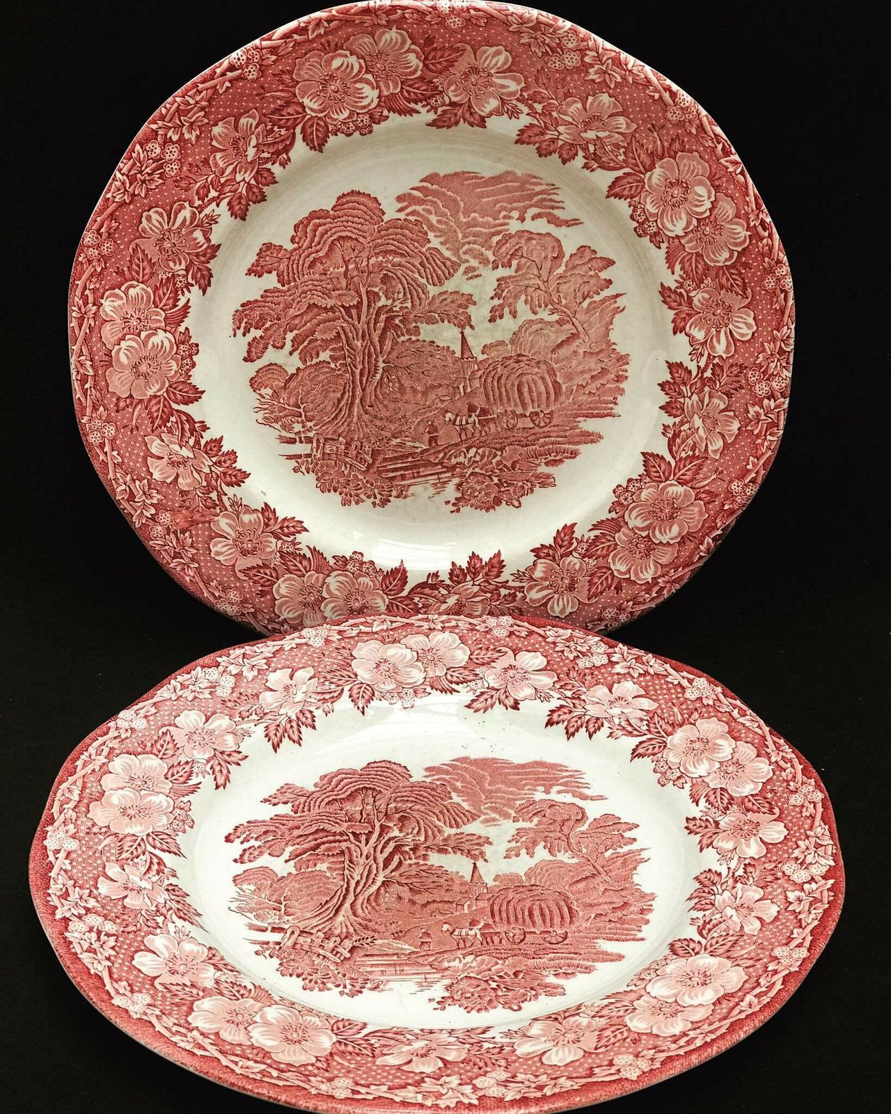 Red Transferware Woodland Vintage English Country 2 Dinner Plates Enoch Wedgwood Tunstall Cottage Red Underglaze Transfer Dinnerware