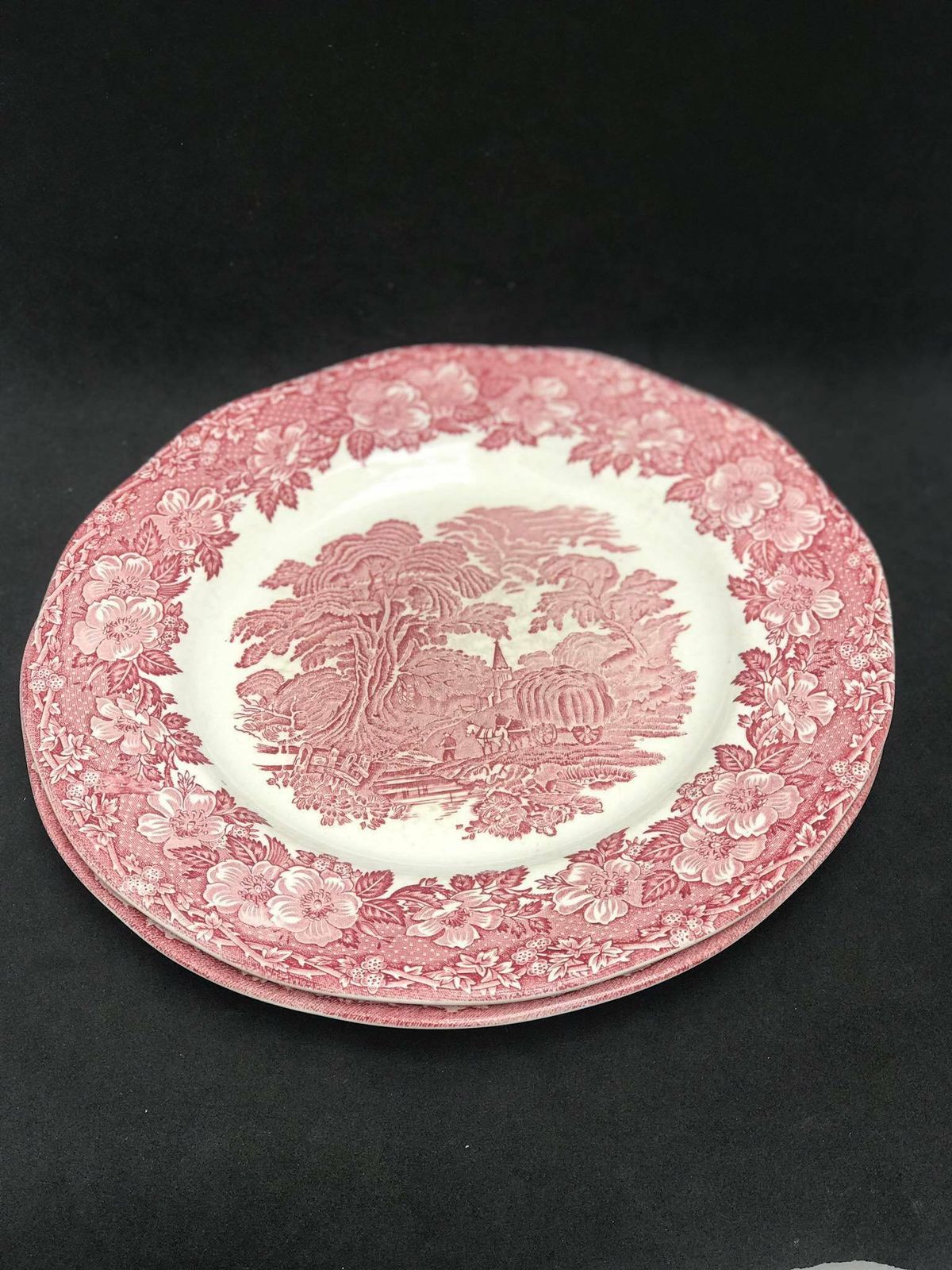 Red Transferware Woodland Vintage English Country 2 Dinner Plates Enoch Wedgwood Tunstall Cottage Red Underglaze Transfer Dinnerware photo furniture