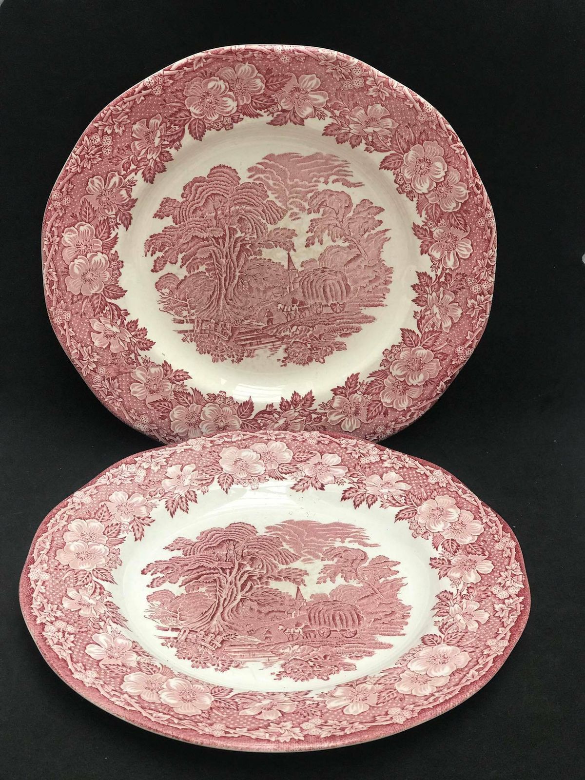 Red Transferware Woodland Vintage English Country 2 Dinner Plates Enoch Wedgwood Tunstall Cottage Red Underglaze Transfer Dinnerware photo for sale