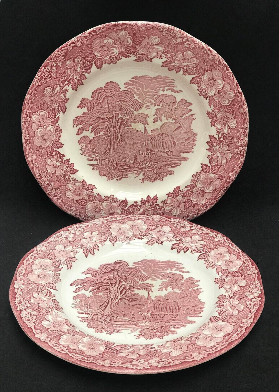 Red Transferware Woodland Vintage English Country 2 Dinner Plates Enoch Wedgwood Tunstall Cottage Red Underglaze Transfer Dinnerware photo 117.0