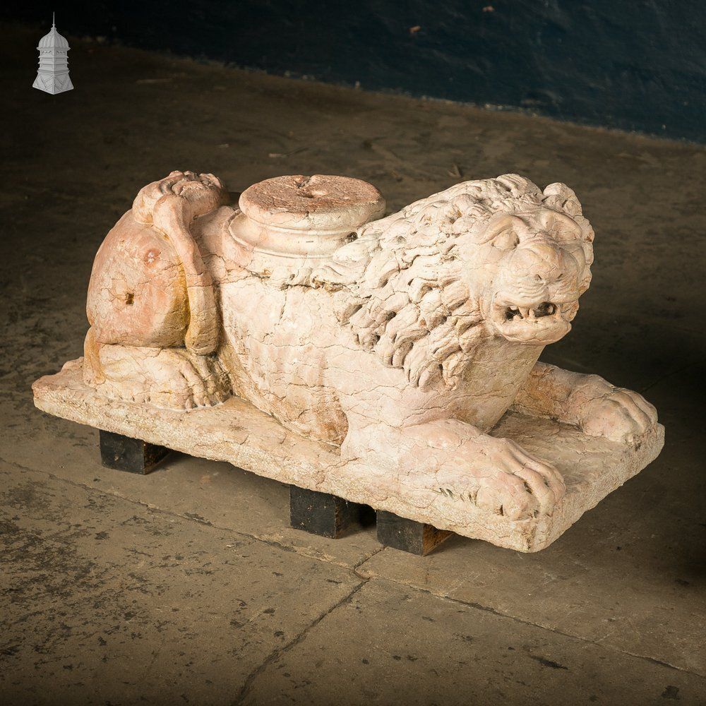 Marble Recumbent Lions Pair – 13th C Rosso Verona Architectural Sculptures photo Art