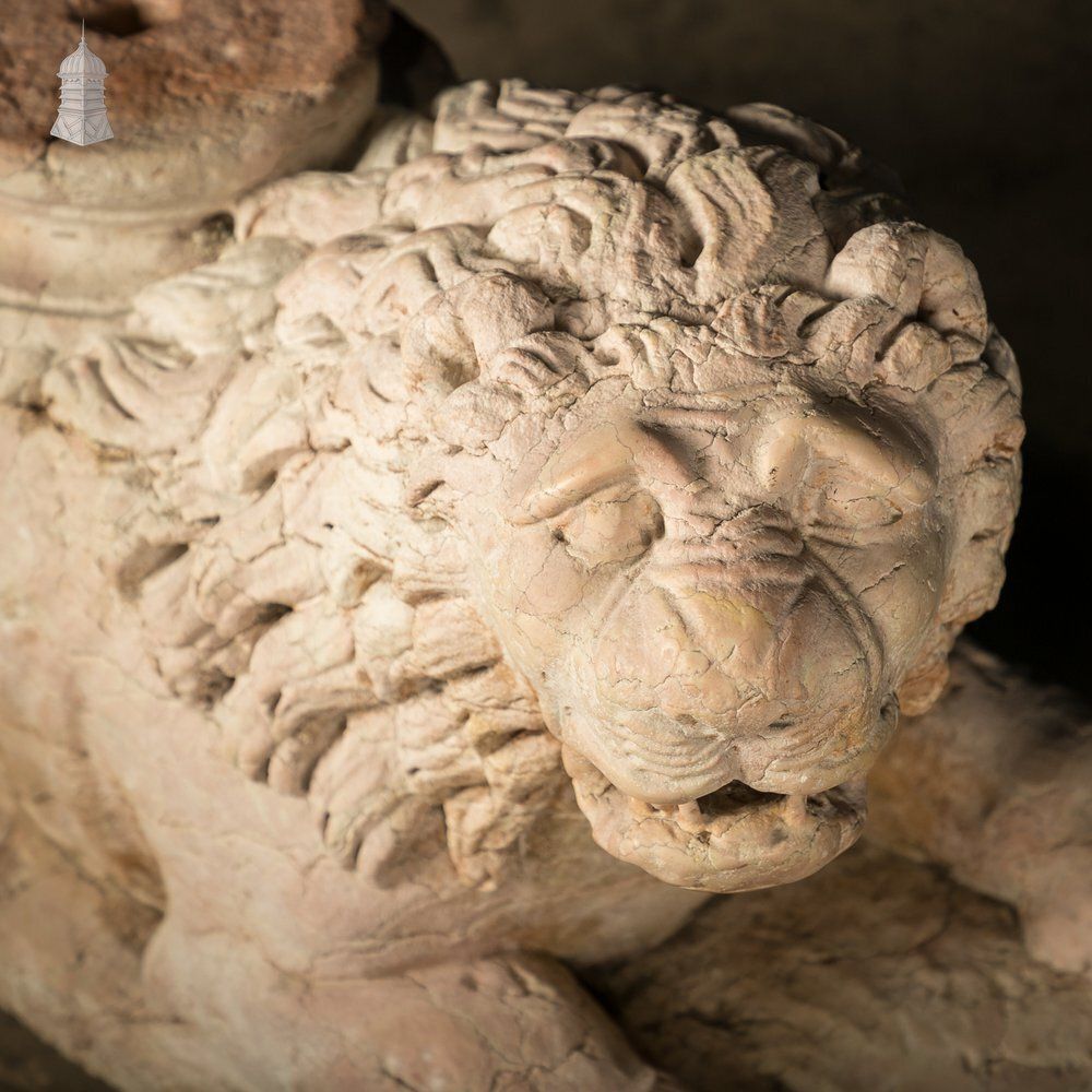 Marble Recumbent Lions Pair – 13th C Rosso Verona Architectural Sculptures photo 18000.0