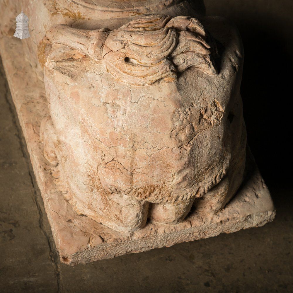 photo for sale Marble Recumbent Lions Pair – 13th C Rosso Verona Architectural Sculptures