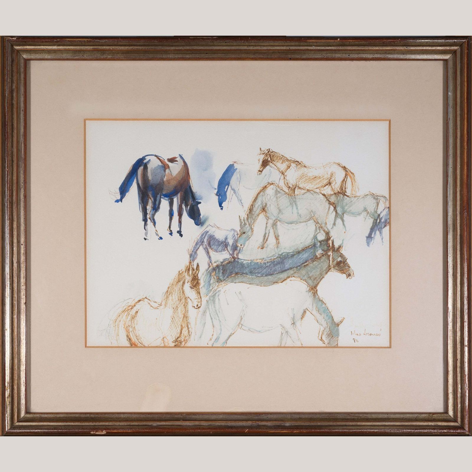 Framed Pen And Ink Watercolour Wash Signed Study Of Horses photo furniture