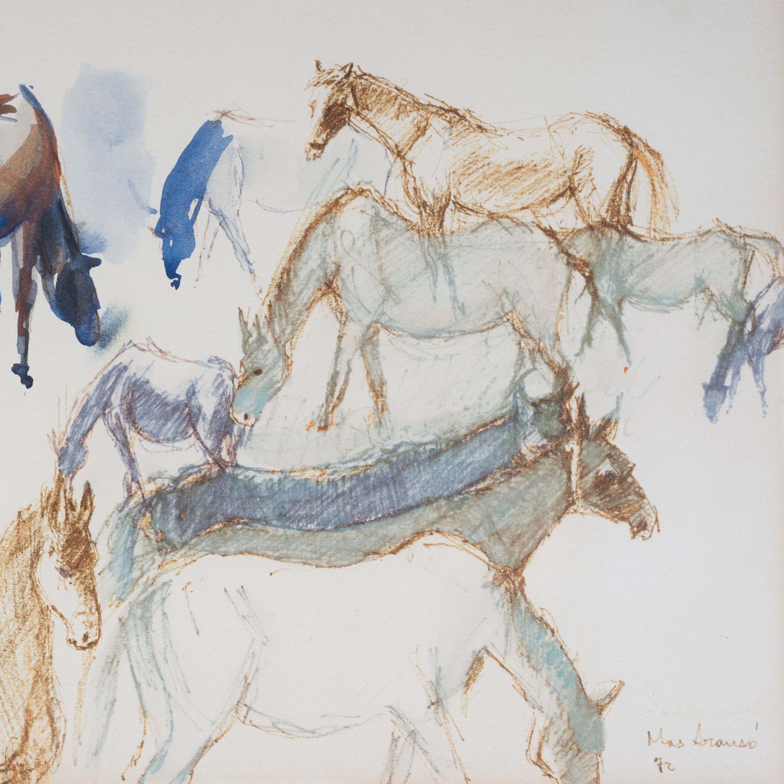 Framed Pen And Ink Watercolour Wash Signed Study Of Horses photo for sale