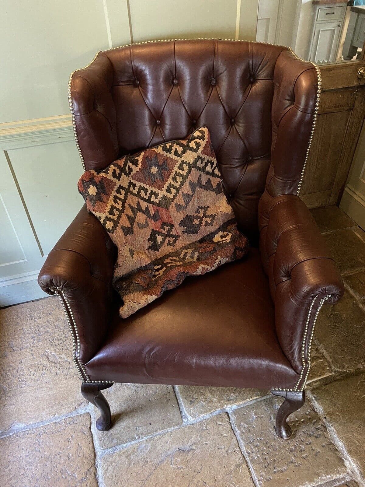 Antique Early C20th Button Wing Back Brown Leather Chesterfield Armchair photo furniture