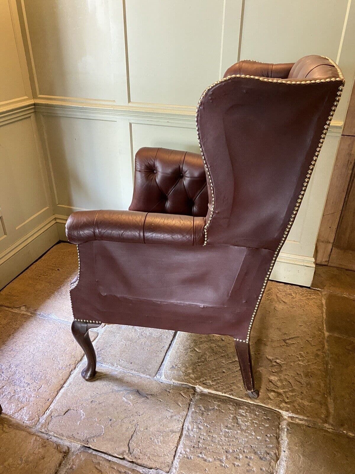Antique Early C20th Button Wing Back Brown Leather Chesterfield Armchair photo vintage