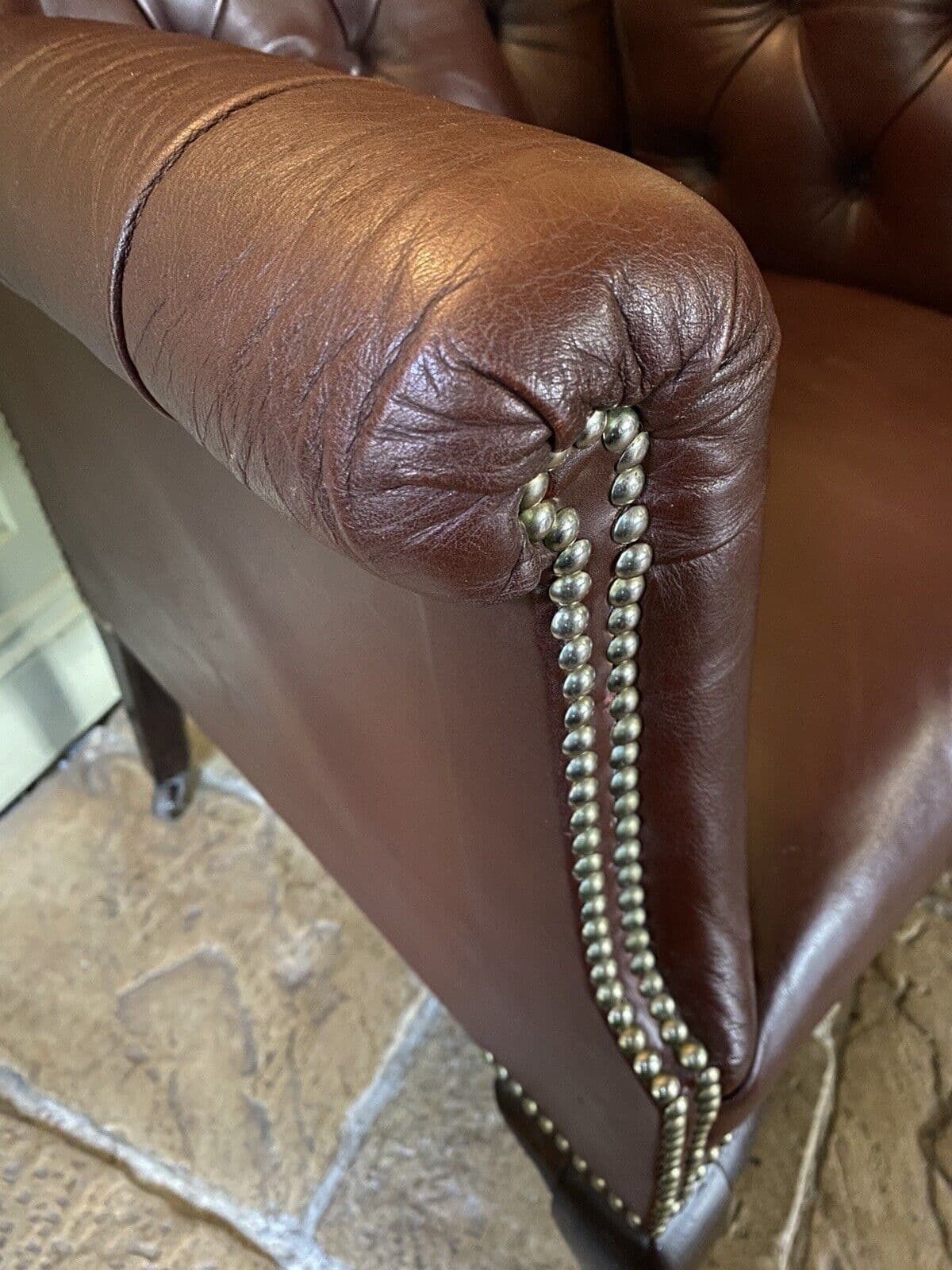 Furniture Antique Early C20th Button Wing Back Brown Leather Chesterfield Armchair photo
