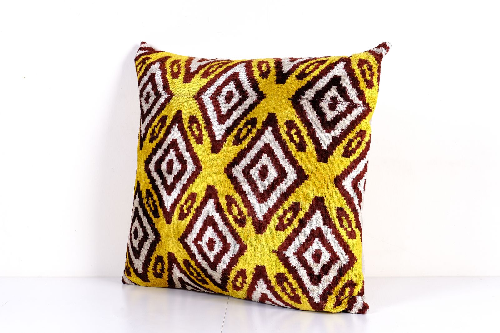 Silk Ikat Velvet Pillow Cover – Square Yellow And Burgundy Geometric Cushion – Turkish Bohemian Decor Mid Century Accent Pillow photo furniture