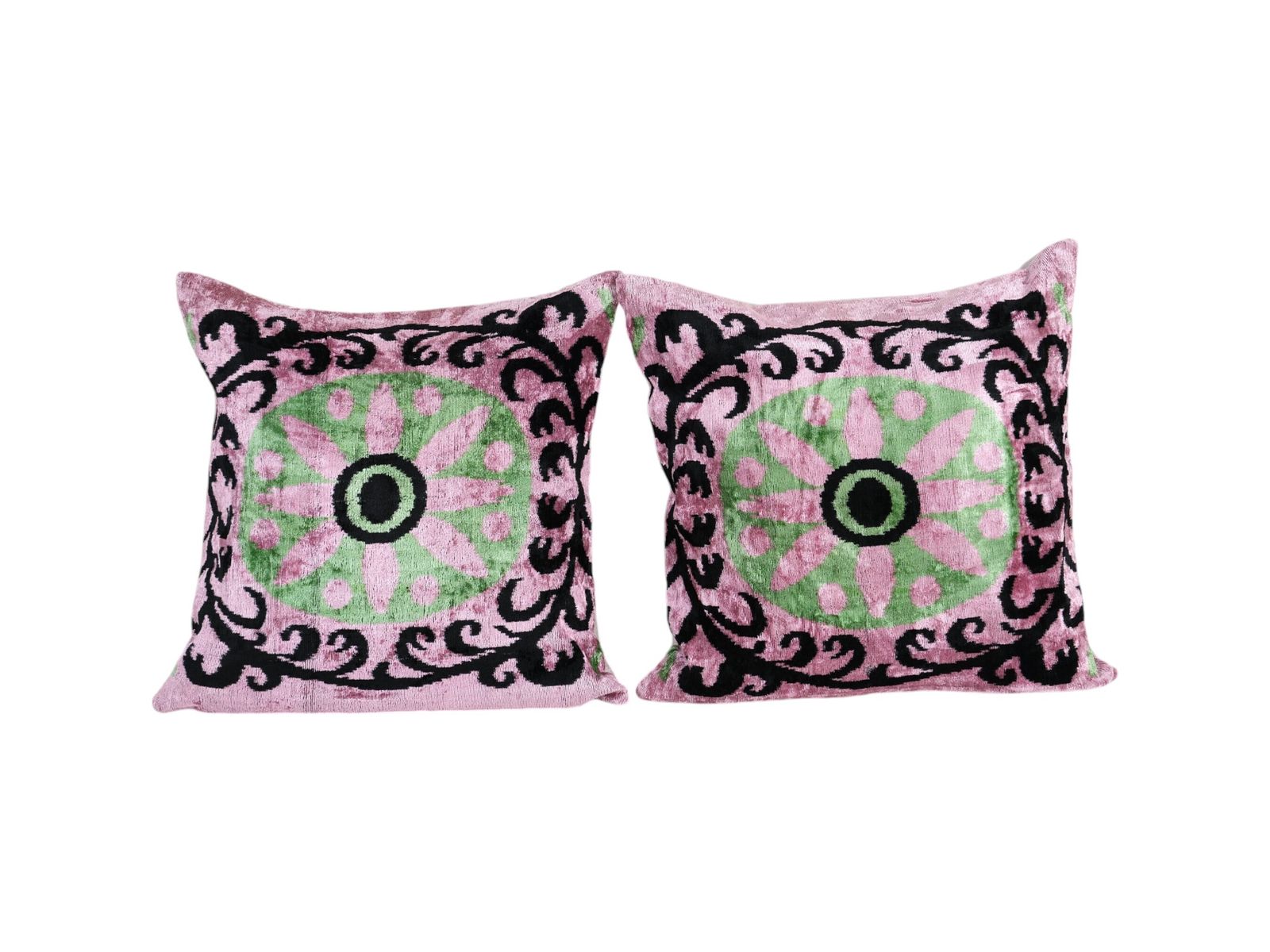 Set Of Two Handcrafted Pink Velvet Pillow Cover   Pair Ikat Floral Design For Elegant Spaces photo furniture