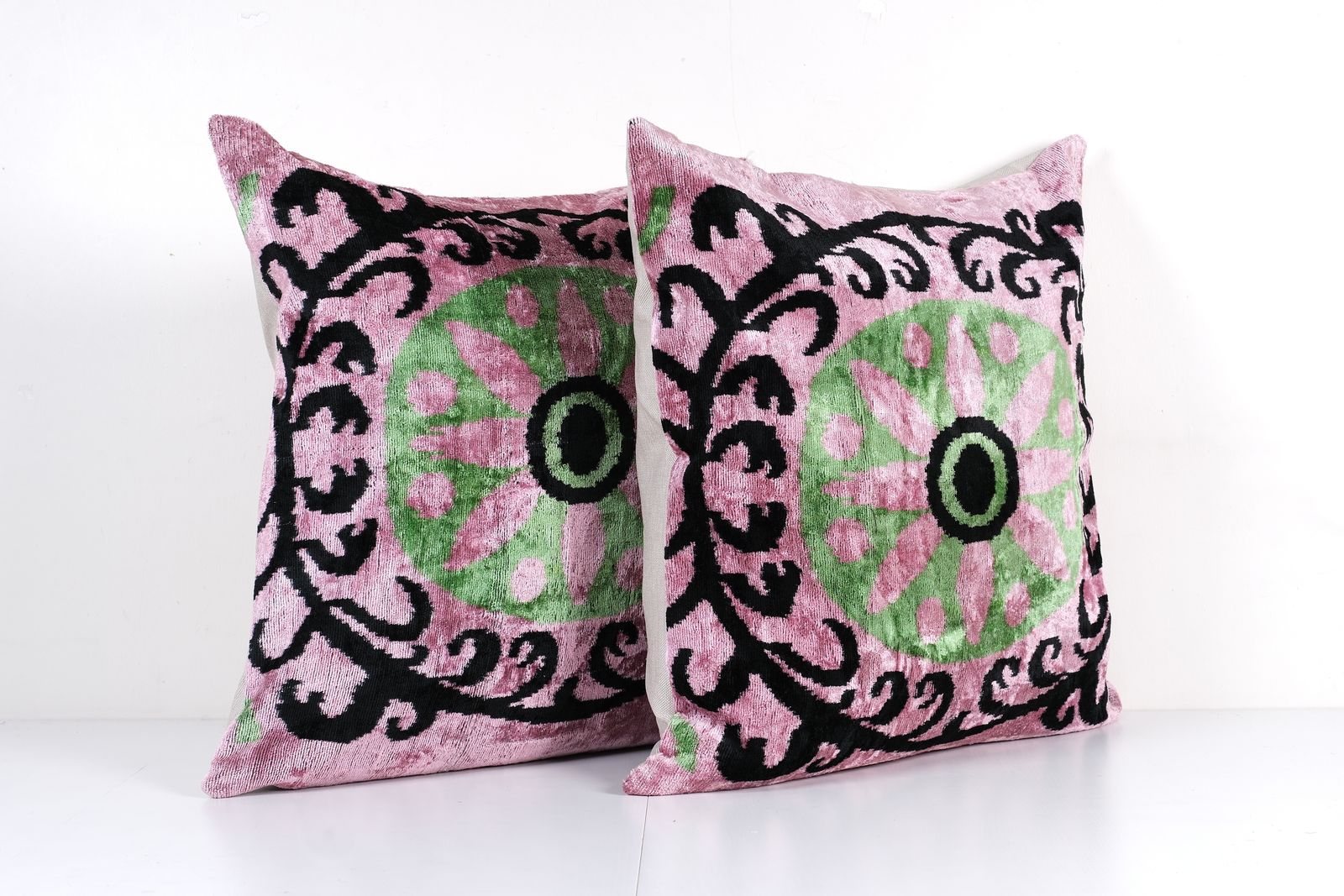 Set Of Two Handcrafted Pink Velvet Pillow Cover   Pair Ikat Floral Design For Elegant Spaces photo Textiles
