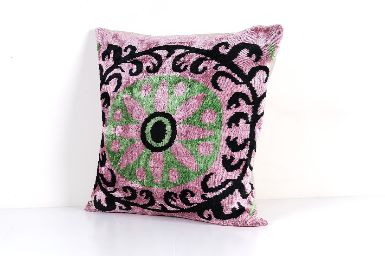 Floral Silk Ikat Velvet Cushion Cover   Square Pink And Green Design For Home photo furniture