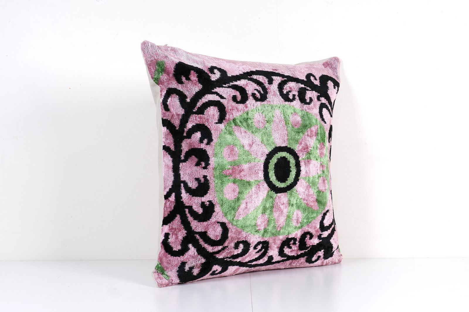 Floral Silk Ikat Velvet Cushion Cover   Square Pink And Green Design For Home photo Textiles