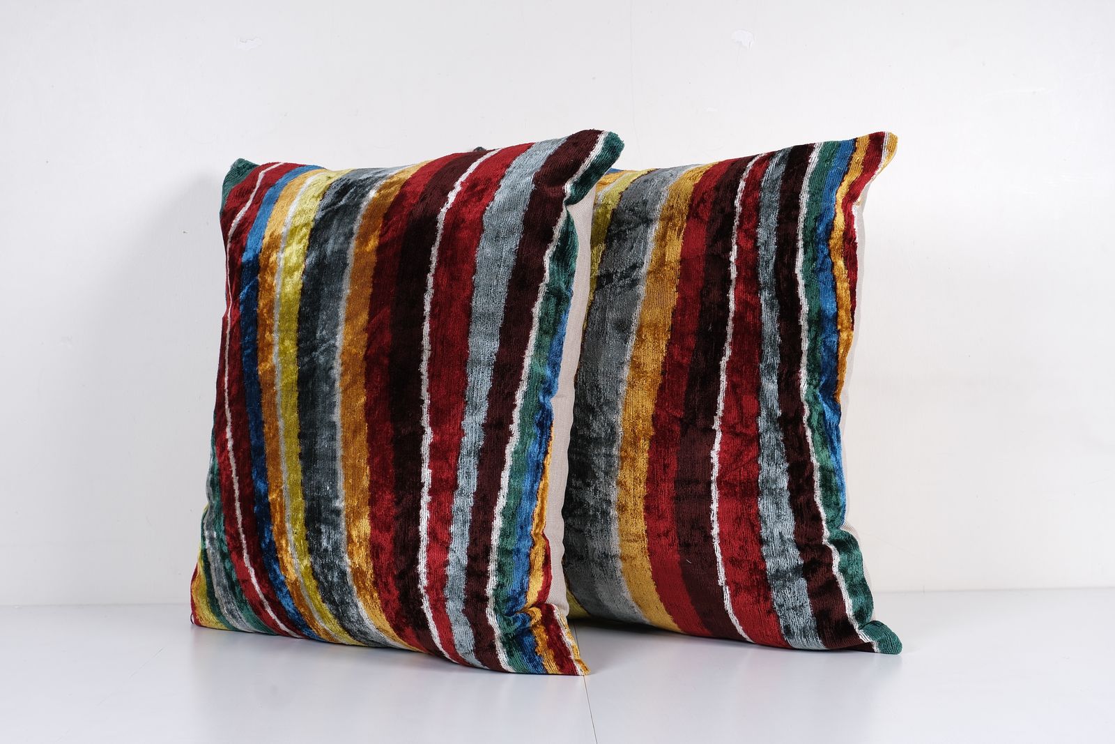 Colorful Striped Ikat Pillow   Set Of Two Square Handwoven Silk Velvet Cushion For Luxurious Home Styling photo for sale