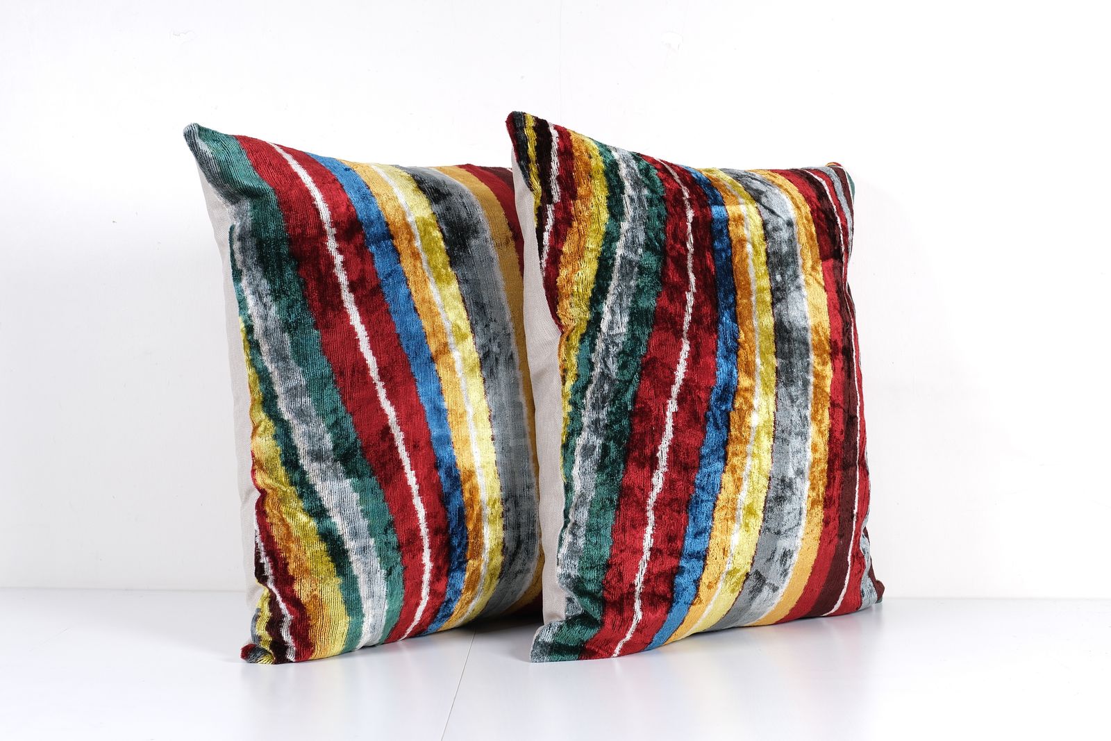 Colorful Striped Ikat Pillow   Set Of Two Square Handwoven Silk Velvet Cushion For Luxurious Home Styling photo Textiles