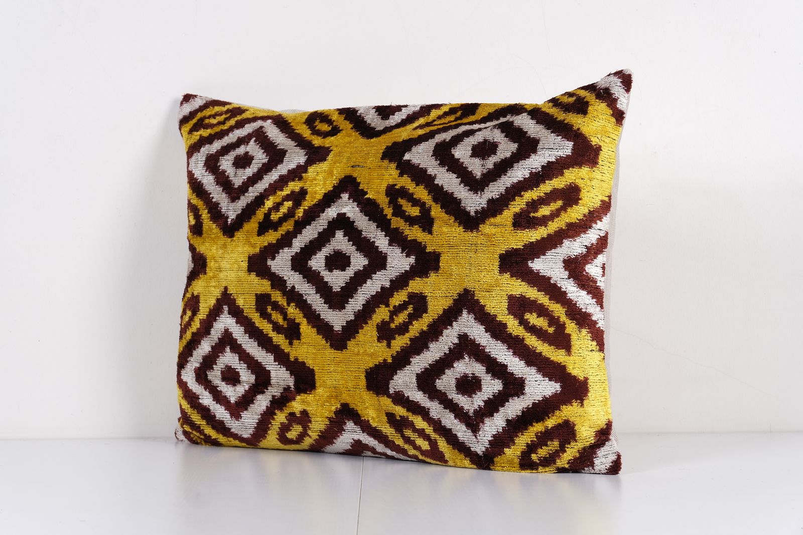 Silk Ikat Velvet Pillow Cover – Yellow And Burgundy Geometric Pattern – Turkish Bohemian Accent Cushion photo for sale
